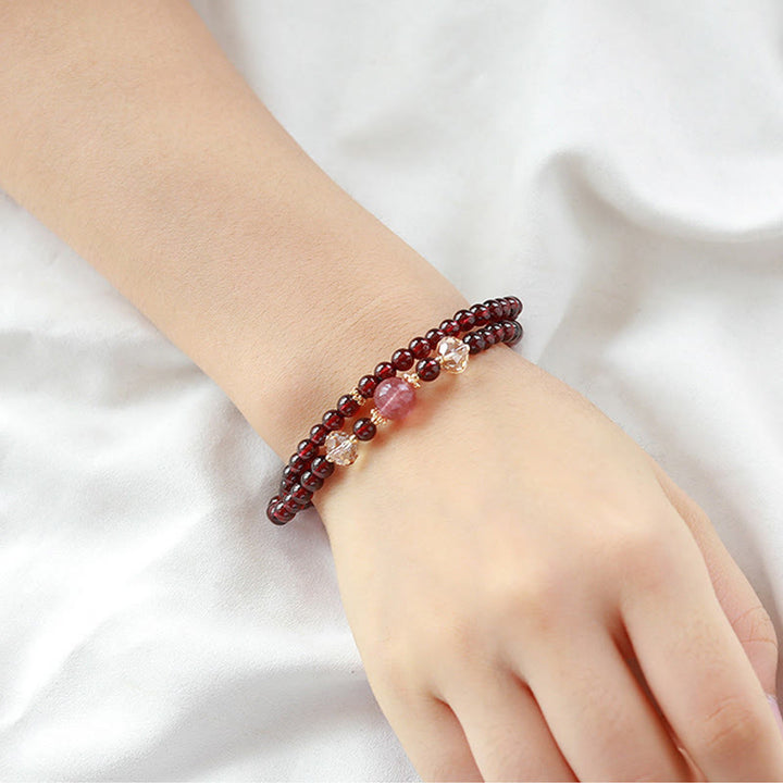 Buddha Stones 14K Gold Plated Natural Garnet Strawberry Quartz Stability Double Wrap Bracelet