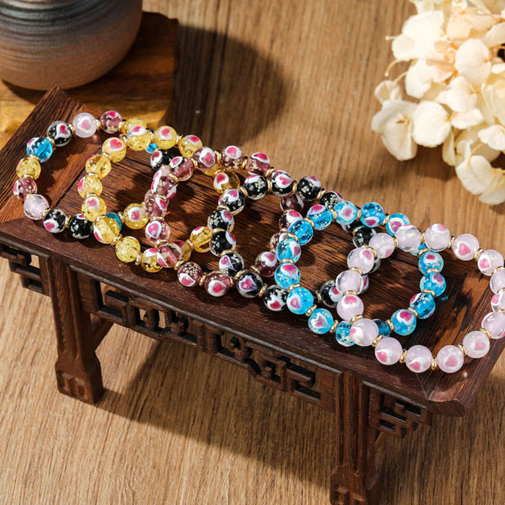 Buddha Stones Gold Swallowing Beast Family Pink Love Heart Luminous Fluorescent Liuli Glass Bead Bracelet