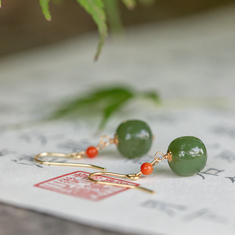 Buddha Stones 925 Sterling Silver 14K Gold Plated Hetian Jade Red Agate Luck Drop Dangle Earrings