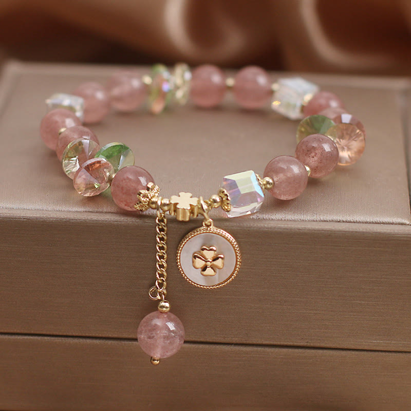 Buddha Stones Strawberry Quartz Lucky Four Leaf Clover Healing Charm Bracelet