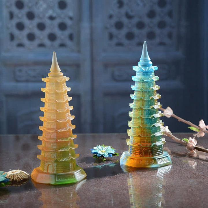 Feng Shui Wenchang Tower Handmade Liuli Crystal Pagoda Art Piece Luck Home Office Decoration