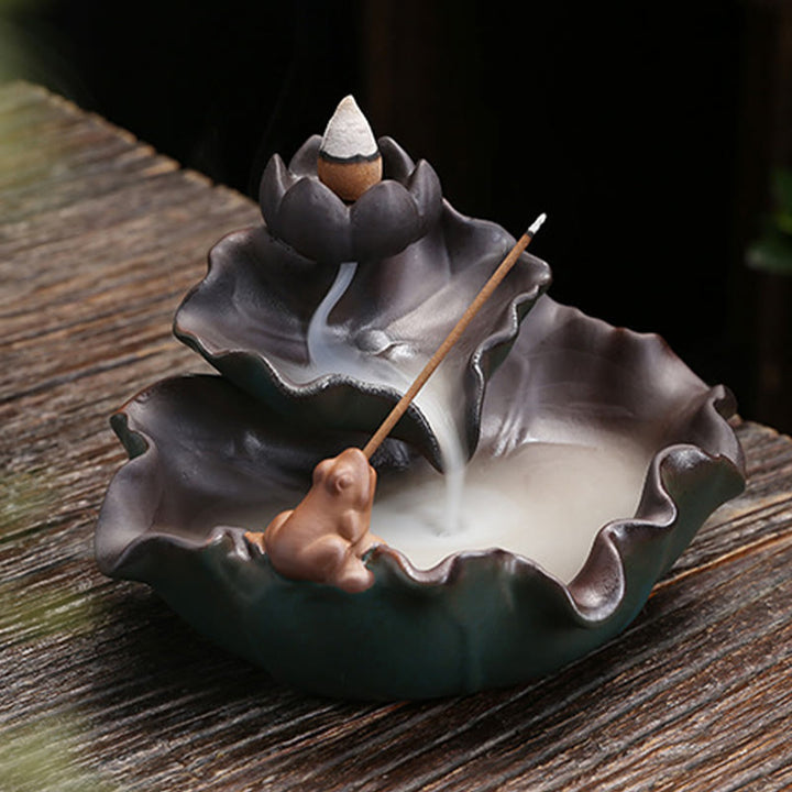 Buddha Stones Lotus Flower Leaf Frog Butterfly Pattern Healing Ceramic Incense Burner Decoration