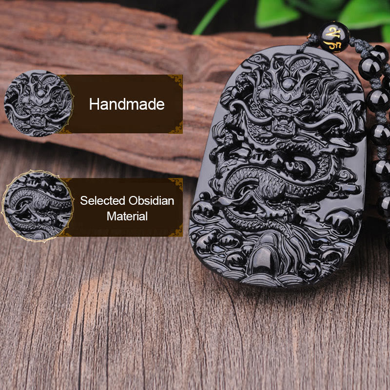 Buddha Stones Black Obsidian Stone Dragon Fulfilment Pendant Necklace