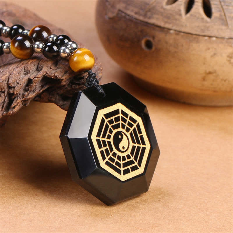 Bagua Yin Yang Black Obsidian Purification Beaded Necklace Pendant