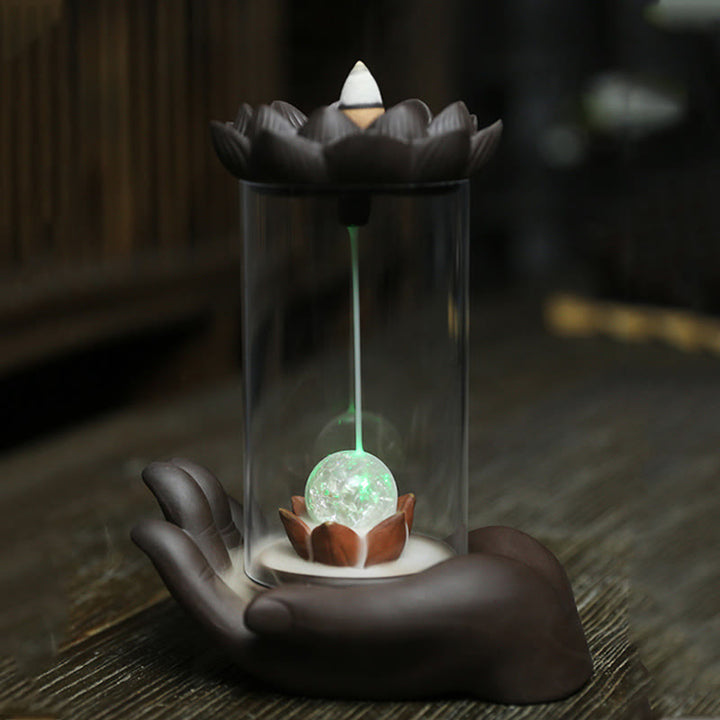 Buddha Stones Buddha Hand Lotus Enlightenment LED Light Purple Clay Ceramic Incense Burner Decoration