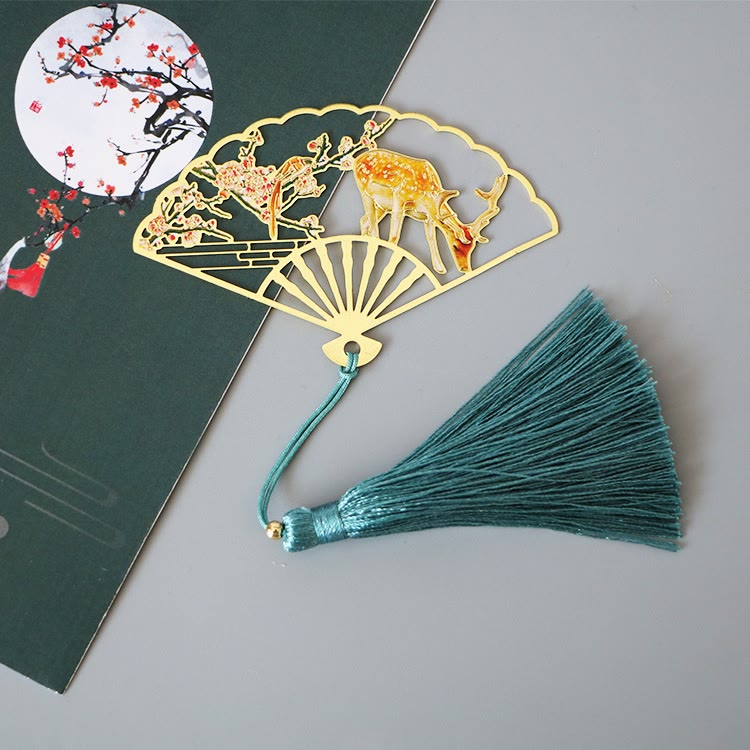 Buddha Stones Traditional Butterfly Lotus Flower Crane Dragon Phoenix Fox Koi Fish New Beginning Metal Brass Hollow Fan Bookmarks