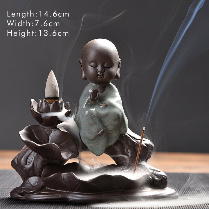 Buddha Stones Little Monk Ceramic Lotus Blessing Incense Burner Decoration