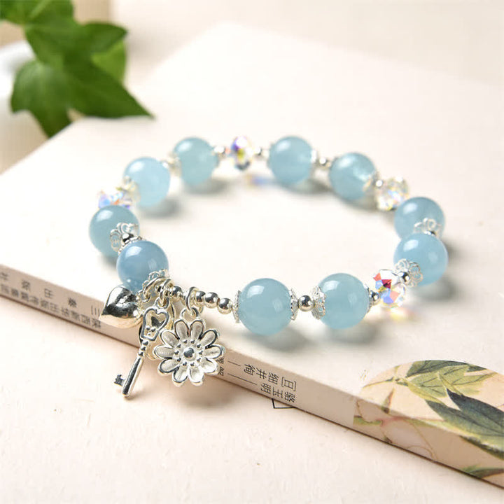 925 Sterling Silver Natural Aquamarine Serenity Flower Love Key Charm Bracelet