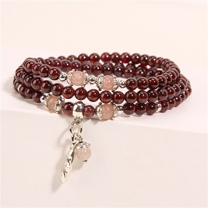 Buddha Stones Natural Garnet Strawberry Quartz Green Beans PiXiu Protection Triple Wrap Bracelet