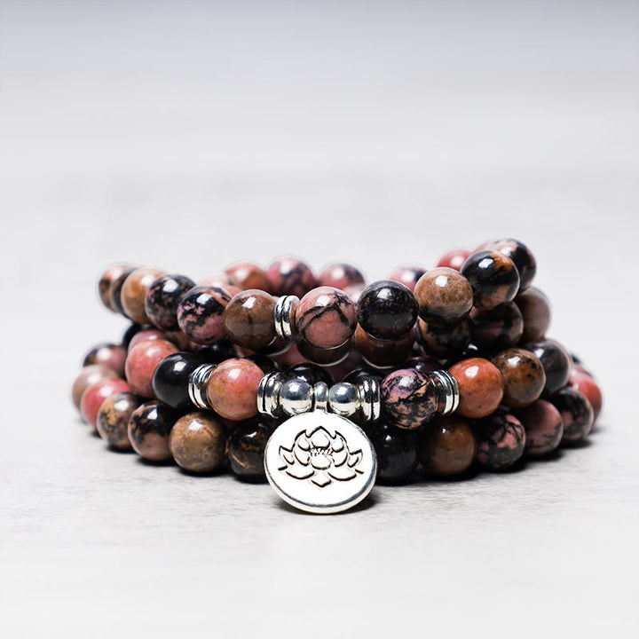 Buddha Stones 108 Mala Beads Rhodonite Lotus Compassion Energy Bracelet