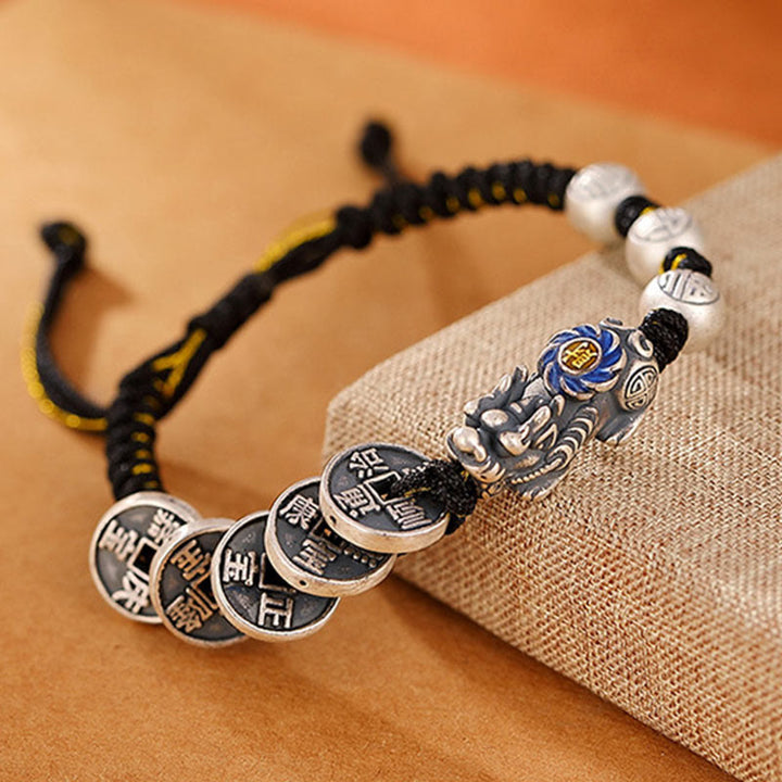 Buddha Stones 999 Sterling Silver FengShui PiXiu Copper Coin Fu Character Wealth Braided Bracelet