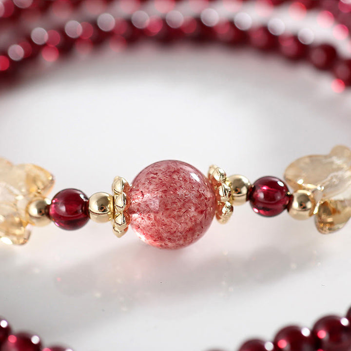 Buddha Stones 14K Gold Plated Natural Garnet Strawberry Quartz Butterfly Protection Double Wrap Bracelet