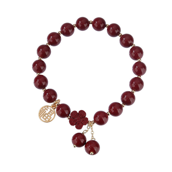 Buddha Stones Cinnabar Fu Character Cherry Blossom Blessing Bracelet