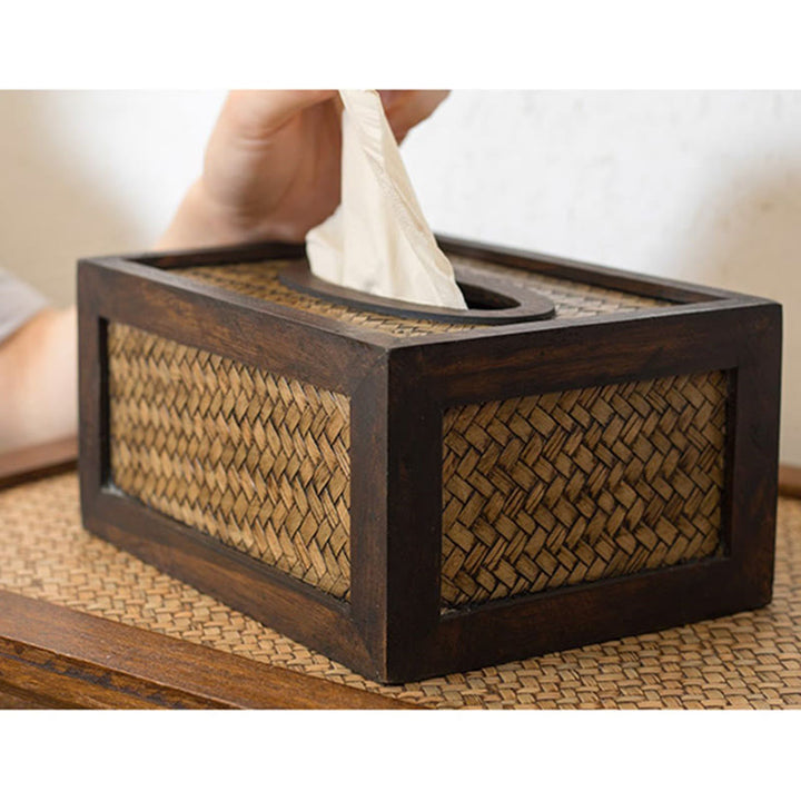 Handmade Bamboo Woven Wood Tissue Box Wooden Tissue Holder Wipes Boxes Decoration