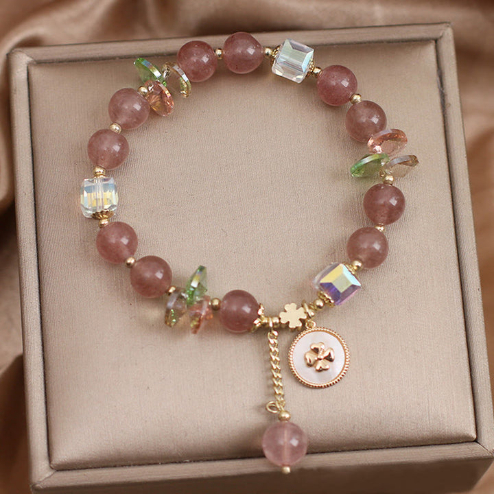 Buddha Stones Strawberry Quartz Lucky Four Leaf Clover Healing Charm Bracelet