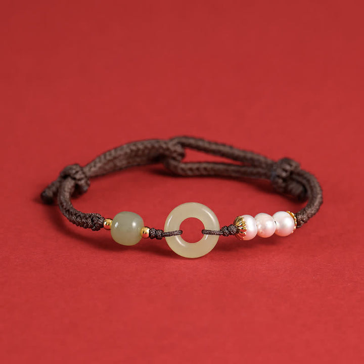 Buddha Stones Natural Hetian Jade Pearl Peace Buckle Luck Bracelet