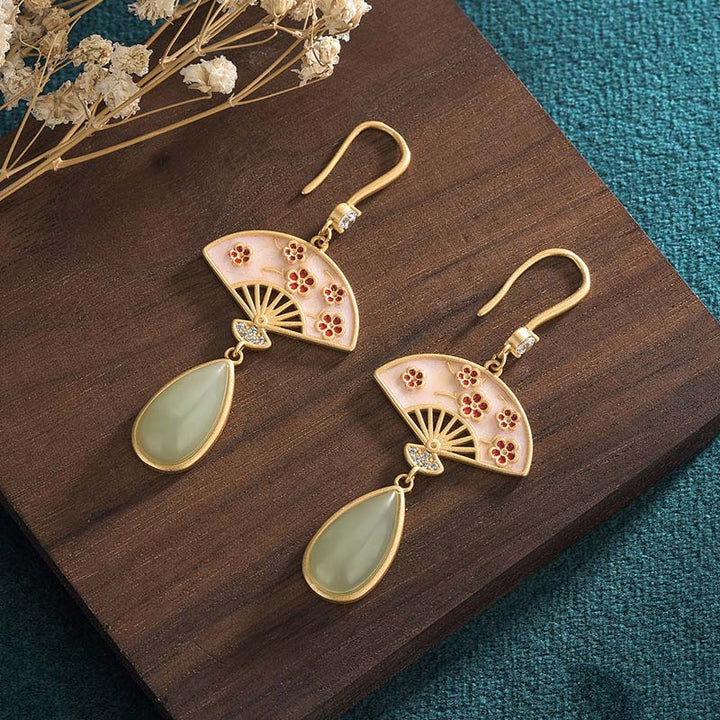 Buddha Stones Natural Green Aventurine Fan Pattern Luck Drop Earrings