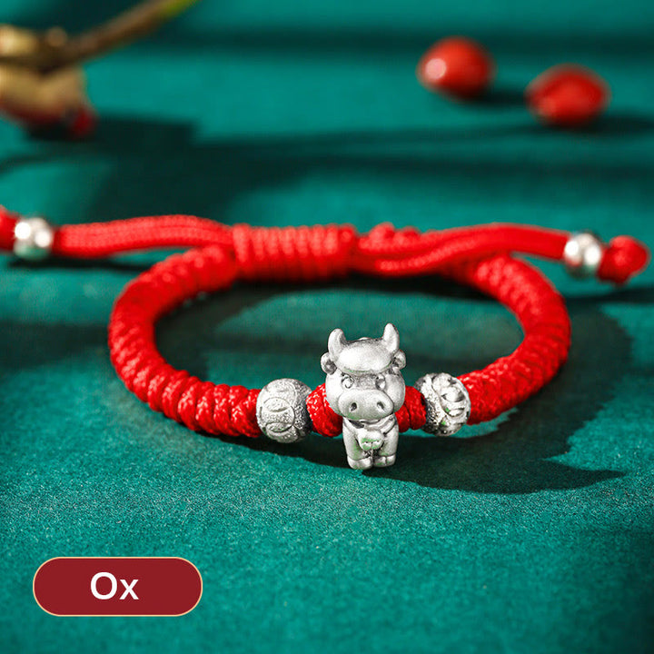 Buddha Stones 999 Sterling Silver Chinese Zodiac Red Rope Luck Handcrafted Kids Bracelet