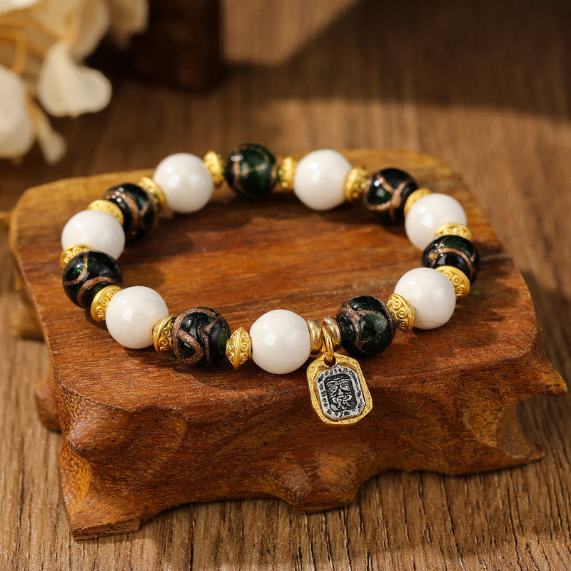 Buddha Stones Tibetan Zakiram Goddess of Wealth Charm Liuli Glass Incense Ash Porcelain Bead Protection Bracelet