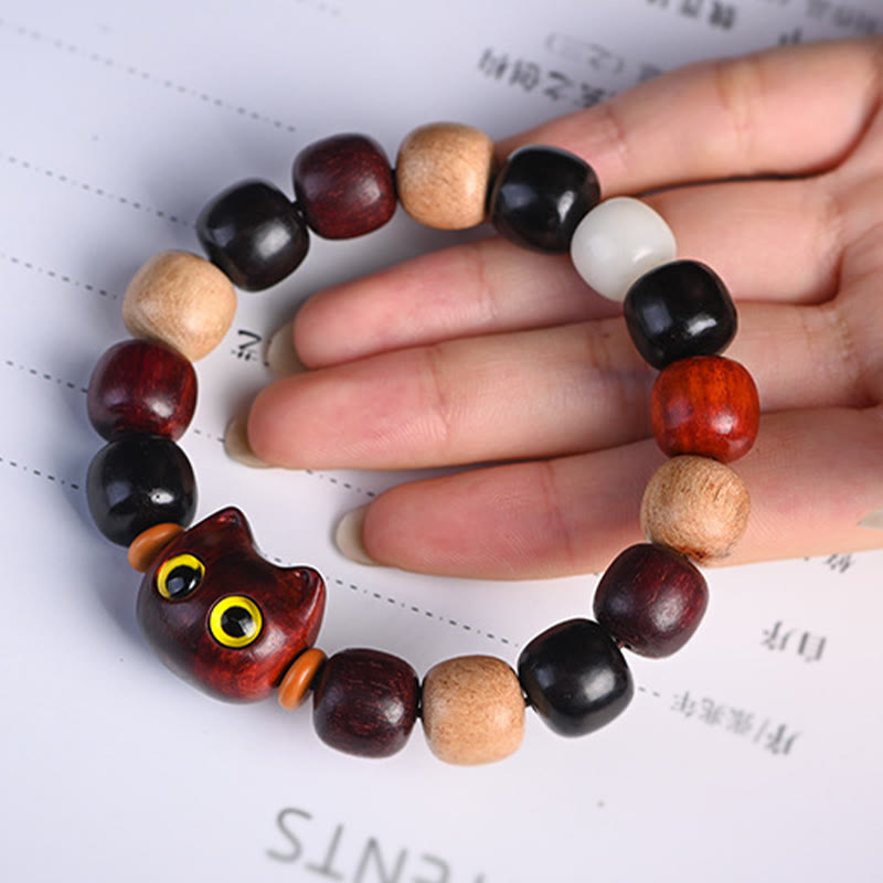 Buddha Stones Small Leaf Red Sandalwood Ebony Wood Cute Cat Engraved Protection Bracelet