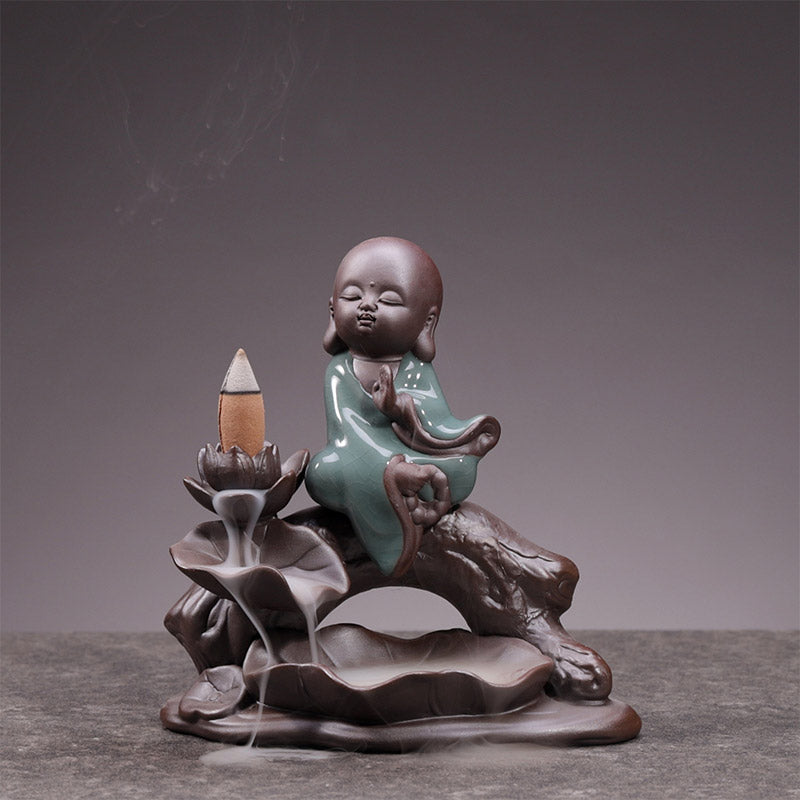 Buddha Stones Little Monk Ceramic Lotus Blessing Incense Burner Decoration