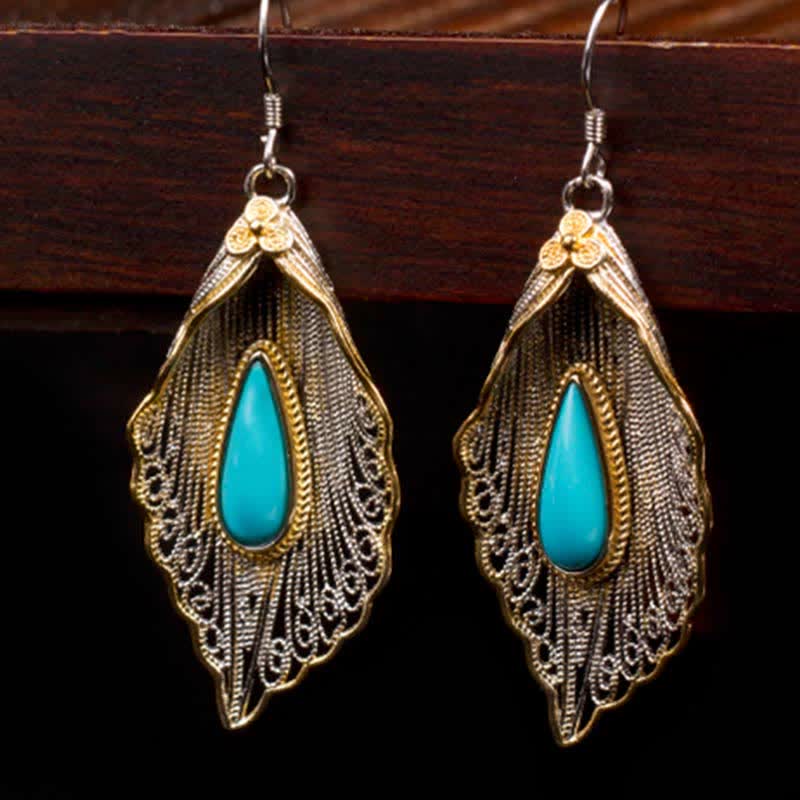 925 Sterling Silver Turquoise Bodhi Leaf Pattern Protection Drop Dangle Earrings