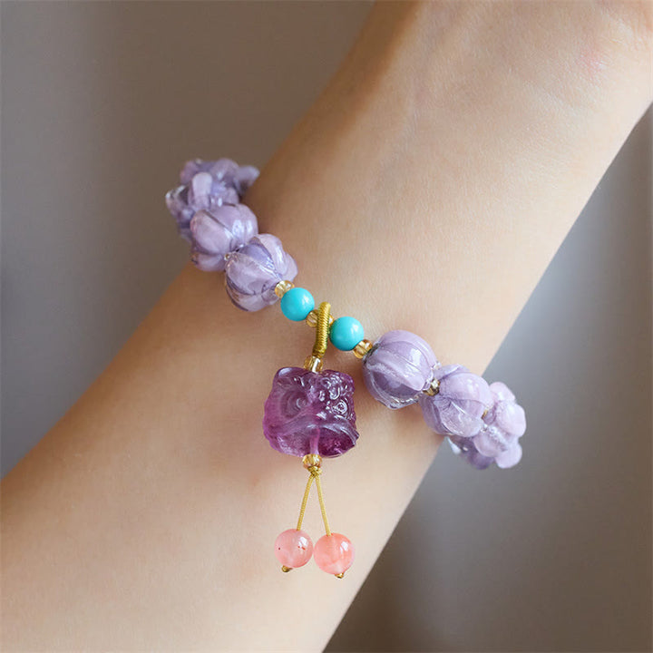 Buddha Stones Liuli Glass Bead Lotus Design Fluorite Ivory Fruit Dancing Lion Charm Enlightenment Bracelet