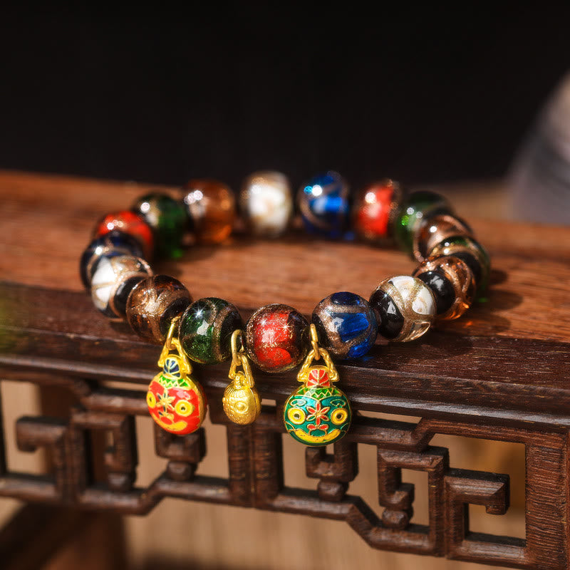 Buddha Stones Five Elements Gold Swallowing Beast Family Charm Liuli Glass Bead Luck Bracelet