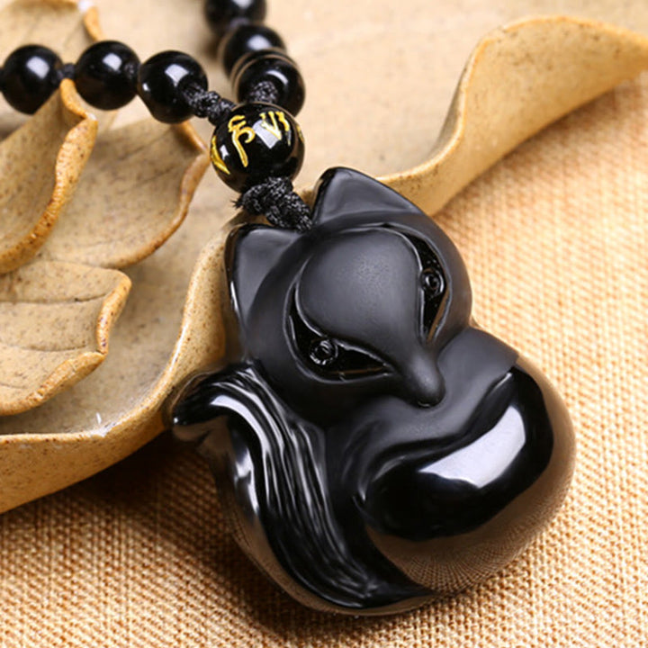 Buddha Stones Natural Black Obsidian Tiger Eye Ice Obsidian Fox Pendant Amulet Necklace