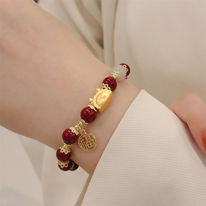 Buddha Stones Year Of The Dragon Red Agate Strawberry Quartz Black Obsidian Jade Garnet Pearl Cinnabar Dumpling Dragon Luck Fu Character Bracelet