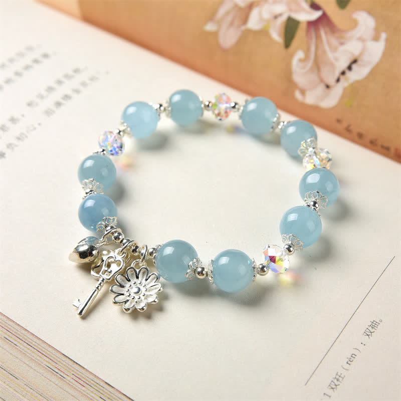 925 Sterling Silver Natural Aquamarine Serenity Flower Love Key Charm Bracelet