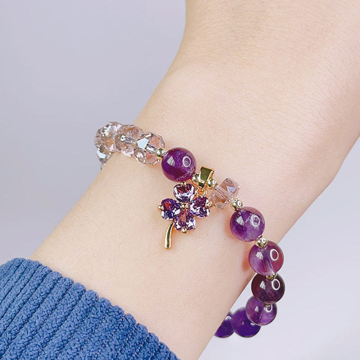 Buddha Stones Amethyst Crystal Four Leaf Clover Healing Charm Bracelet