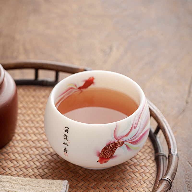 Buddha Stones Koi Fish White Porcelain Ceramic Teacup Kung Fu Tea Cup