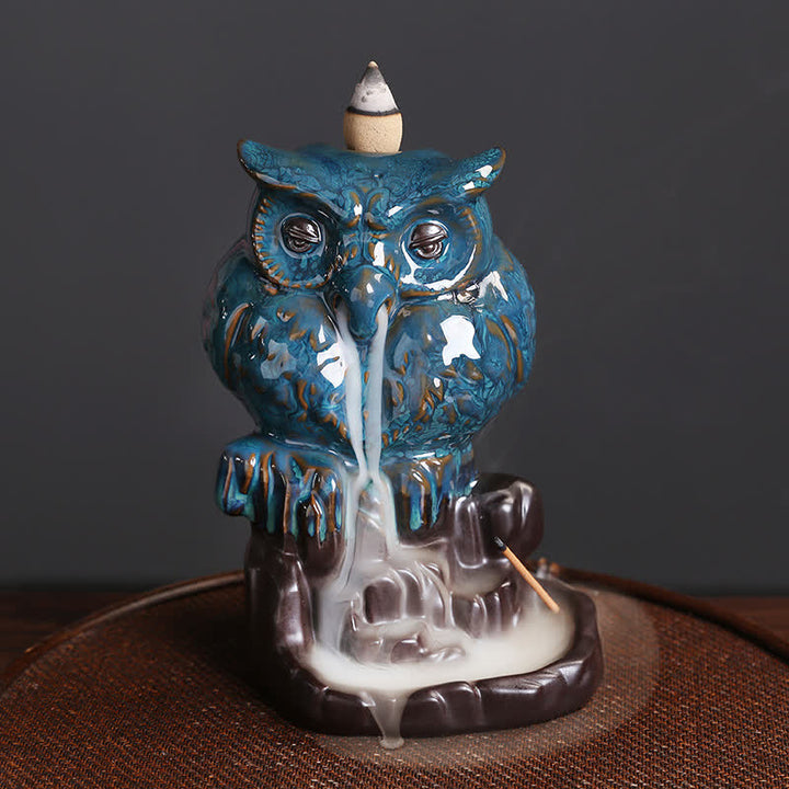 Cute Owl Ceramic Backflow Smoke Fountain Meditation Healing Incense Burner Decoration