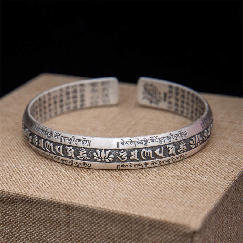 Buddha Stones Om Mani Padme Hum Heart Sutra Mantra Lotus Peace Meditation Cuff Bracelet Bangle