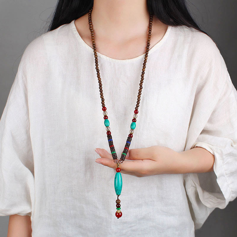 Buddha Stones Wenge Wood Turquoise Stone Protection Calm Necklace Pendant