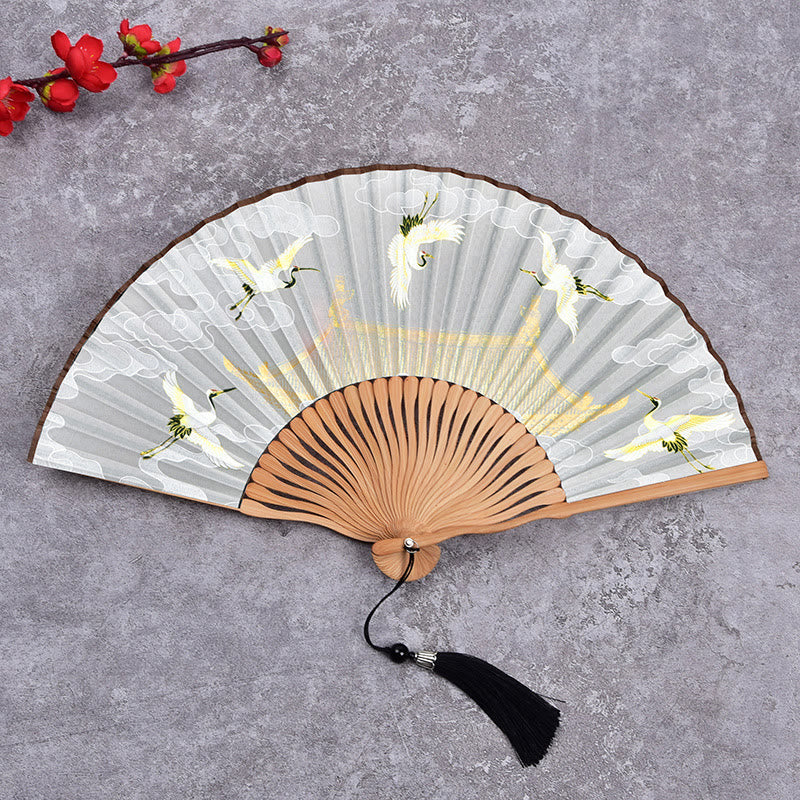 Buddha Stones Vintage Cloud Crane Pattern Handheld Bamboo Folding Fan