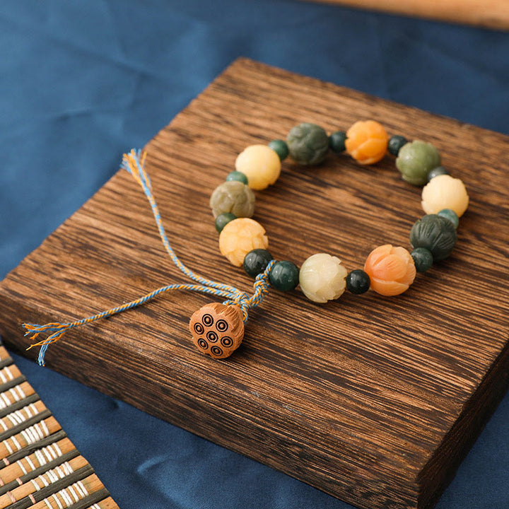 Buddha Stones Bodhi Seed Lotus Bead Engraved Moss Agate Peace Calm Bracelet