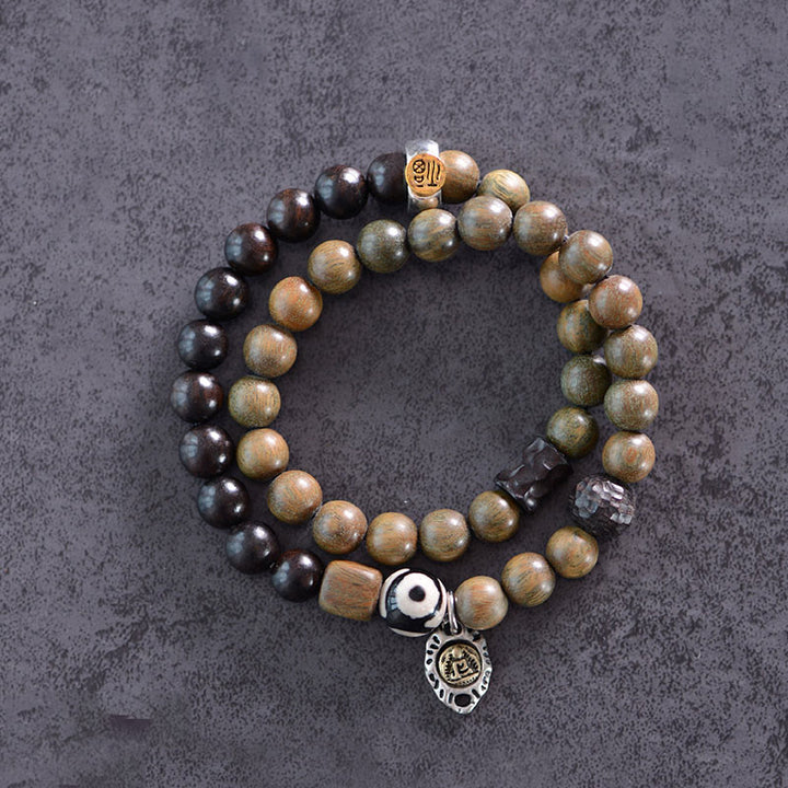 Buddha Stones Tibetan Green Sandalwood Ebony Wood Three-eyed Dzi Bead Fu Character Balance Peace Double Wrap Bracelet