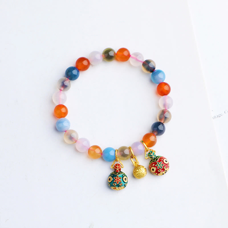 Buddha Stones Colorful Candy Agate Gold Swallowing Beast Family Peach Harmony Charm Bracelet