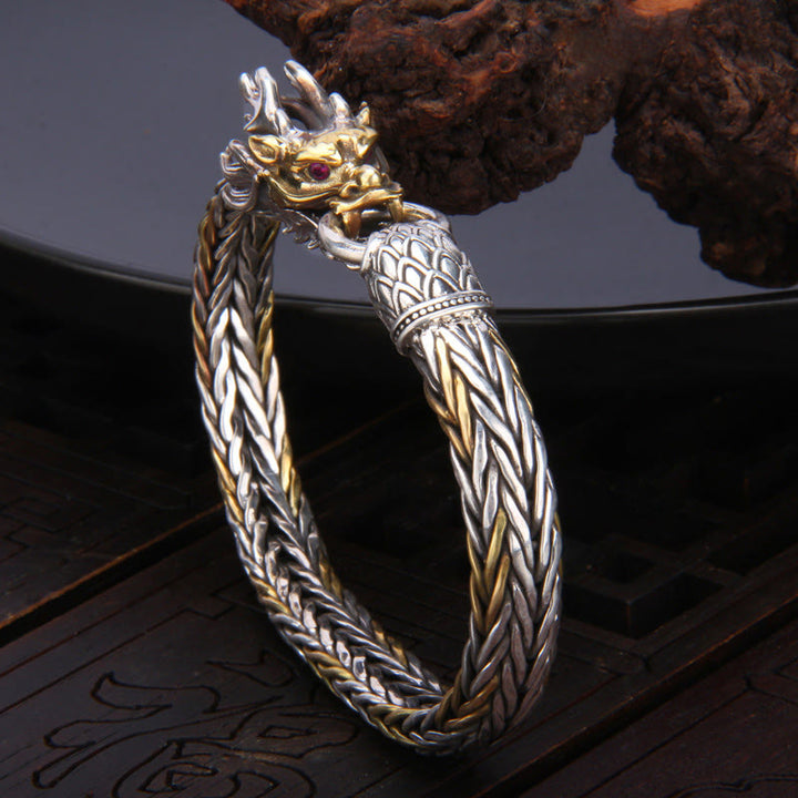 Buddha Stones 925 Sterling Silver Year Of The Dragon Auspicious Dragon Protection Metal Braided Design Bracelet