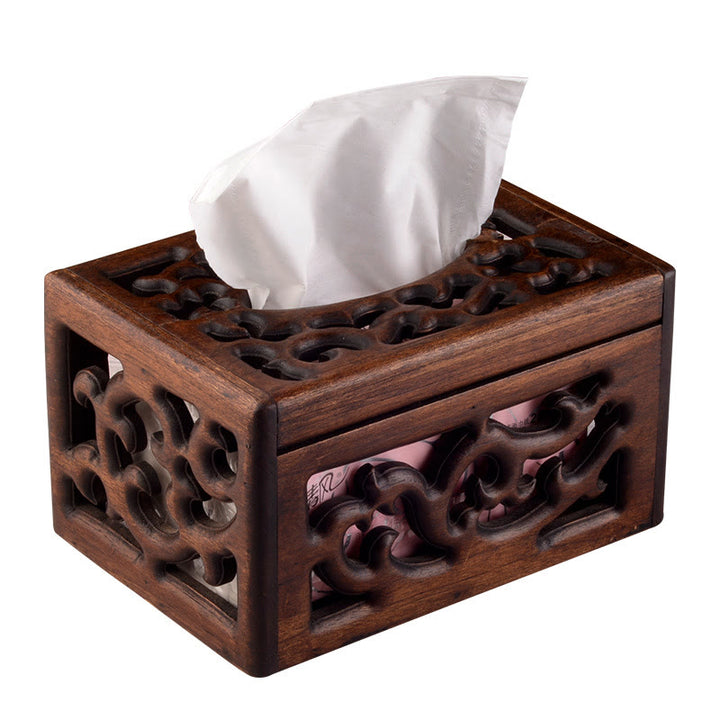 Retro Wooden Tissue Box Engraved Wooden Tissue Holder Wipes Boxes Decoration