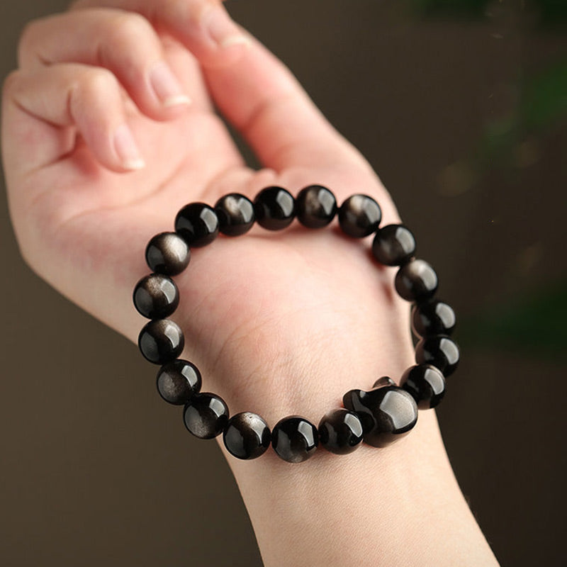 Buddha Stones Gold Sheen Obsidian Silver Sheen Obsidian Lovely Paw Lucky Cat Protection Bracelet