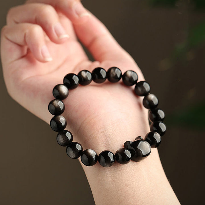 Buddha Stones Gold Sheen Obsidian Silver Sheen Obsidian Lovely Paw Lucky Cat Protection Bracelet