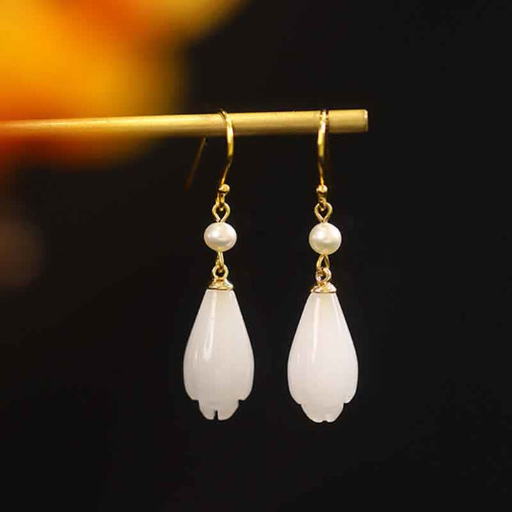 Buddha Stones 925 Sterling Silver White Jade Magnolia Flower Happiness Drop Earrings