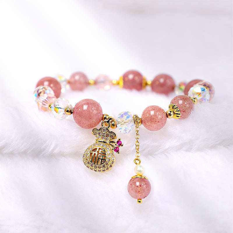 Buddha Stones Natural Strawberry Quartz Crystal Money Bag Charm Positive Bracelet