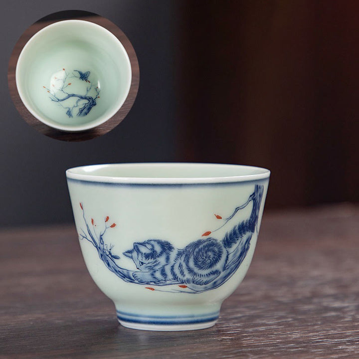 Buddha Stones Blue Landscape Mountains Lotus Cute Cat Pavilions Magnolia Reed Egrets Ceramic Teacup Small Kung Fu Tea Cup