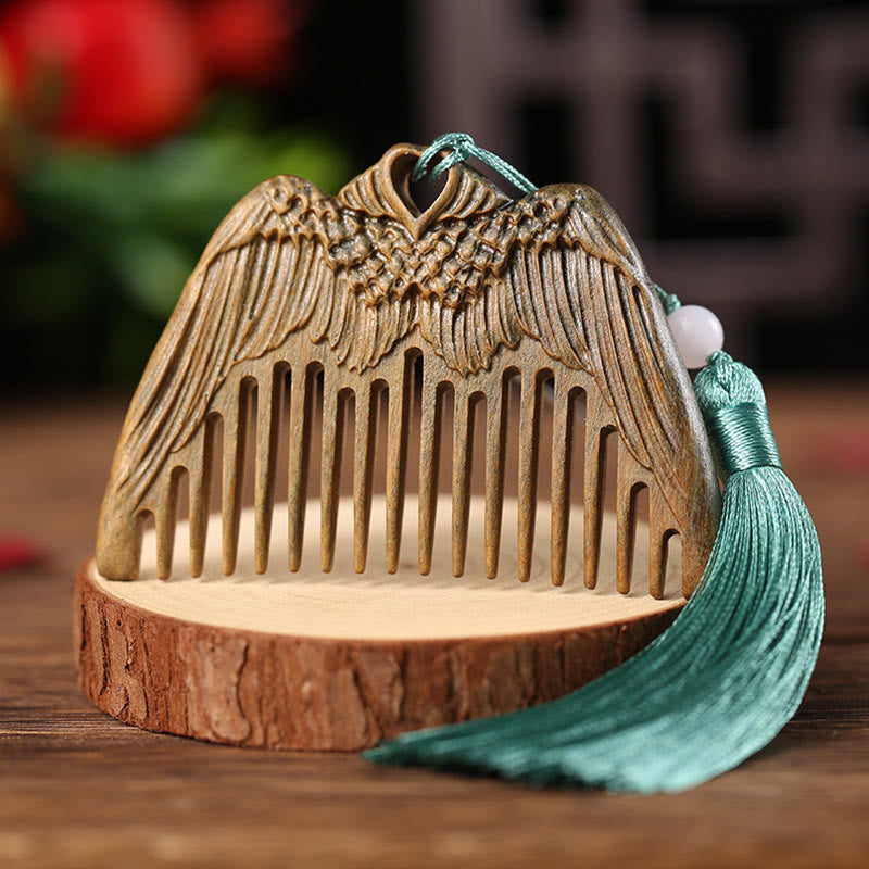 Green Sandalwood Fox Peony Flower Lotus Engraved Cure Tassel Comb