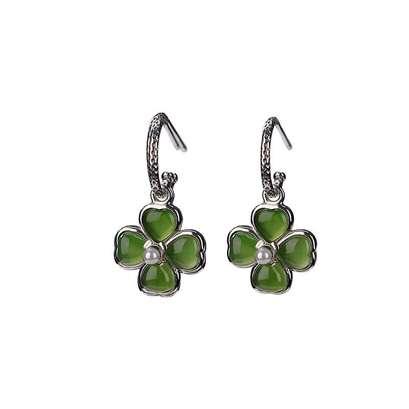 Buddha Stones 925 Sterling Silver Natural Cyan Jade Four Leaf Clover Luck Success Earrings