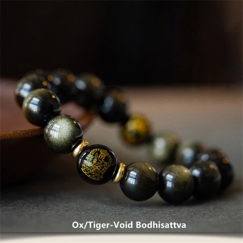 Chinese Zodiac Natal Buddha Gold Sheen Obsidian Wealth Protection Bracelet